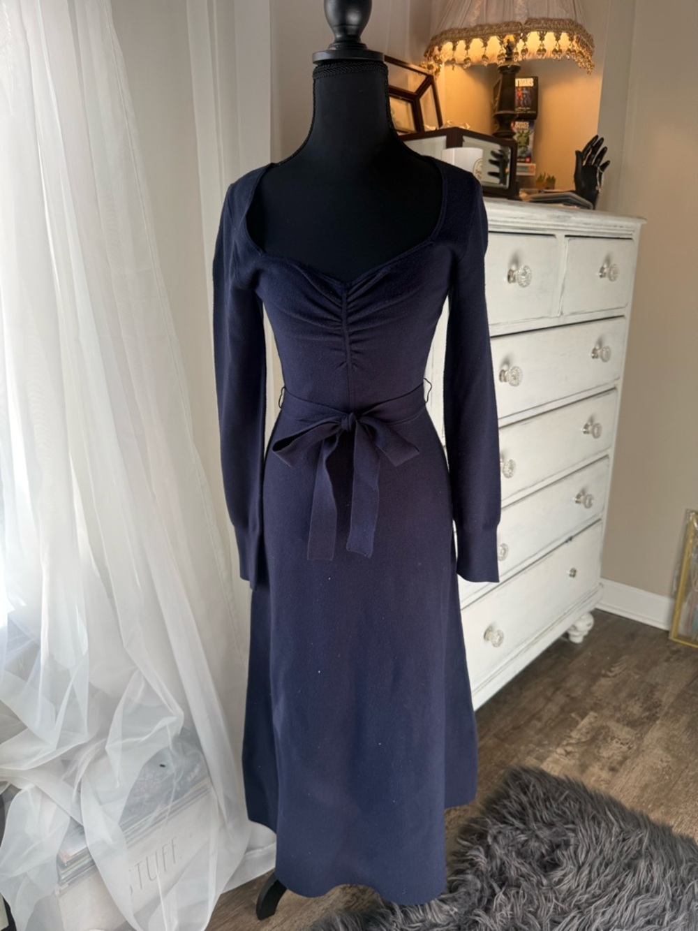 Navy Long-Sleeve Tie-Waist Midi Dress